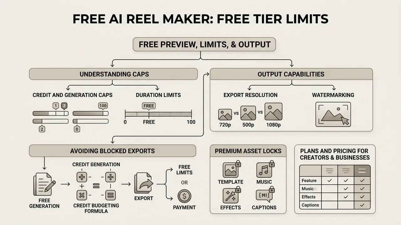 Hierarchical chart detailing free tier restrictions including credit caps, resolution, and asset locks