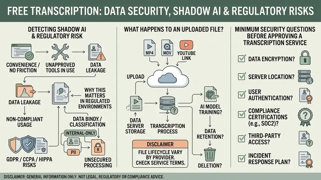 Infographic outlining risks of shadow AI and security questions for evaluating transcription providers
