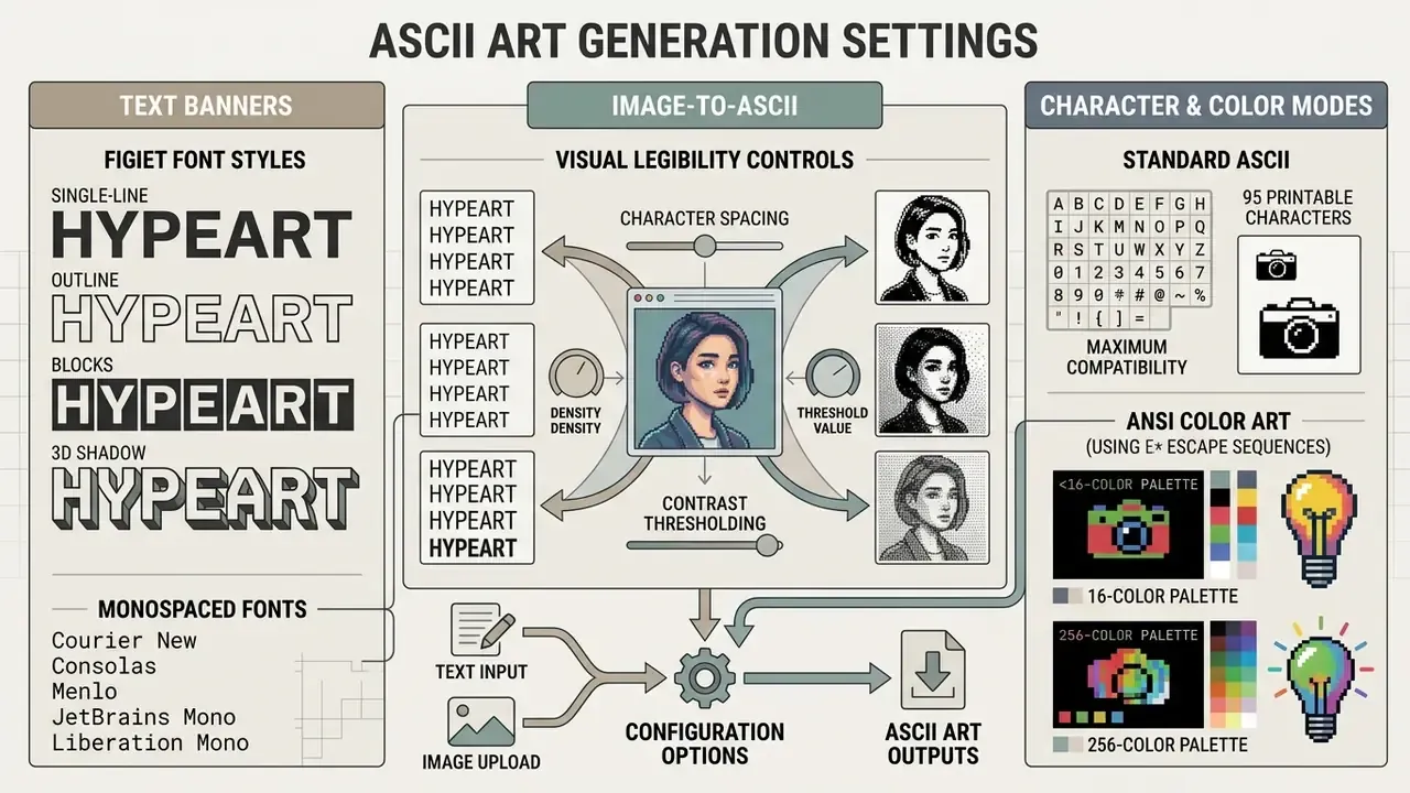 Infographic displaying configuration options for text banners, visual legibility controls, and color modes