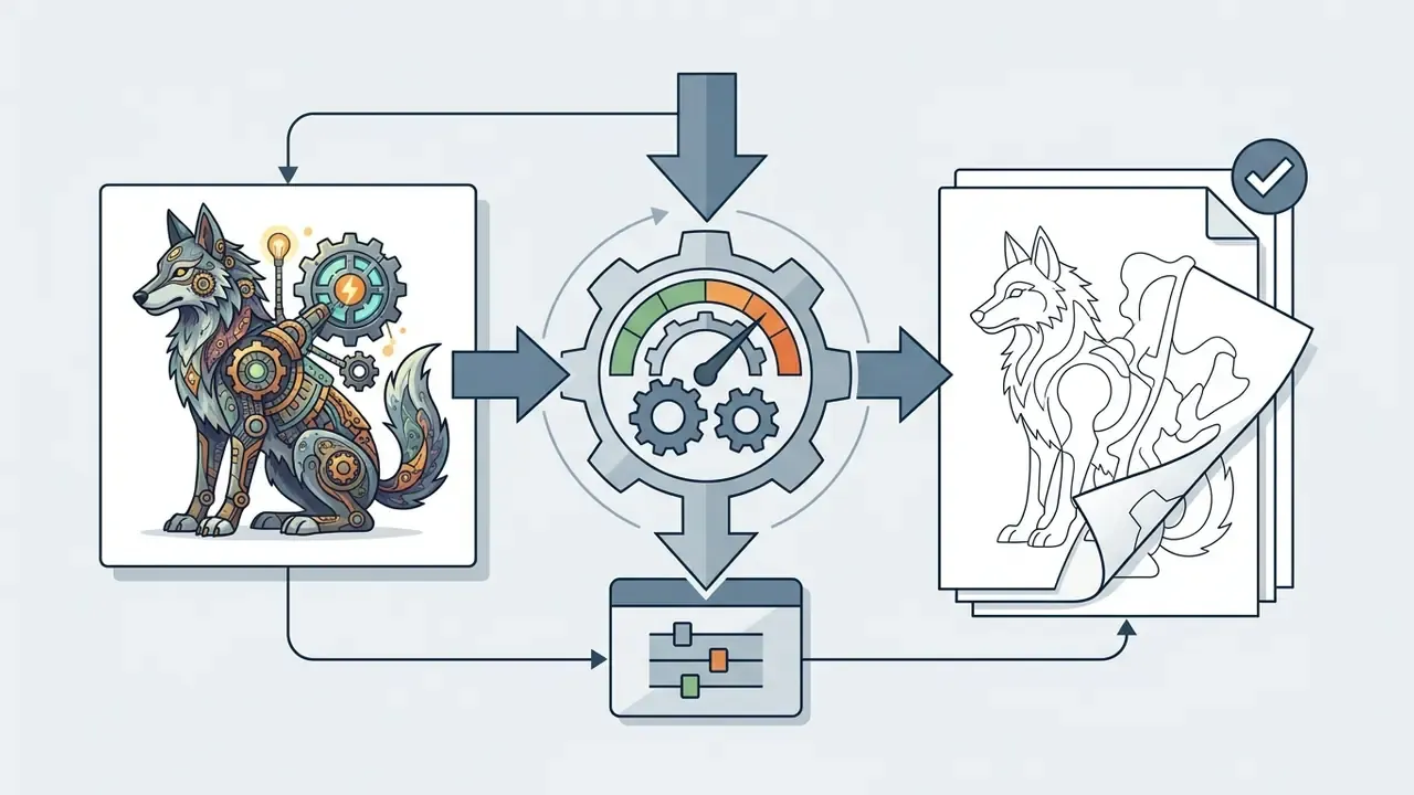 Mechanical wolf converting into a printable line art coloring page through a central processing hub