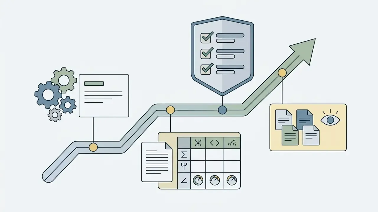 Upward path connecting gears, a checklist shield, a grid of academic symbols, and document monitoring