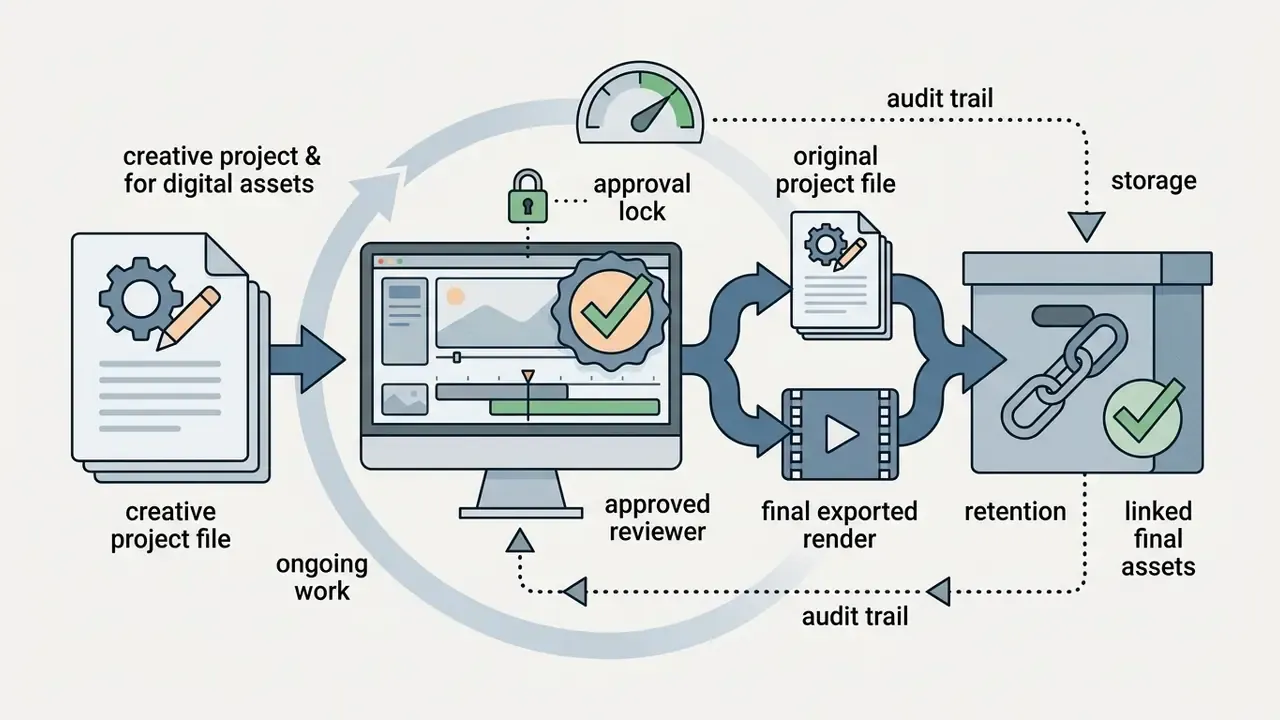 Workflow connecting project files and video exports to a storage box for audit trail and asset retention