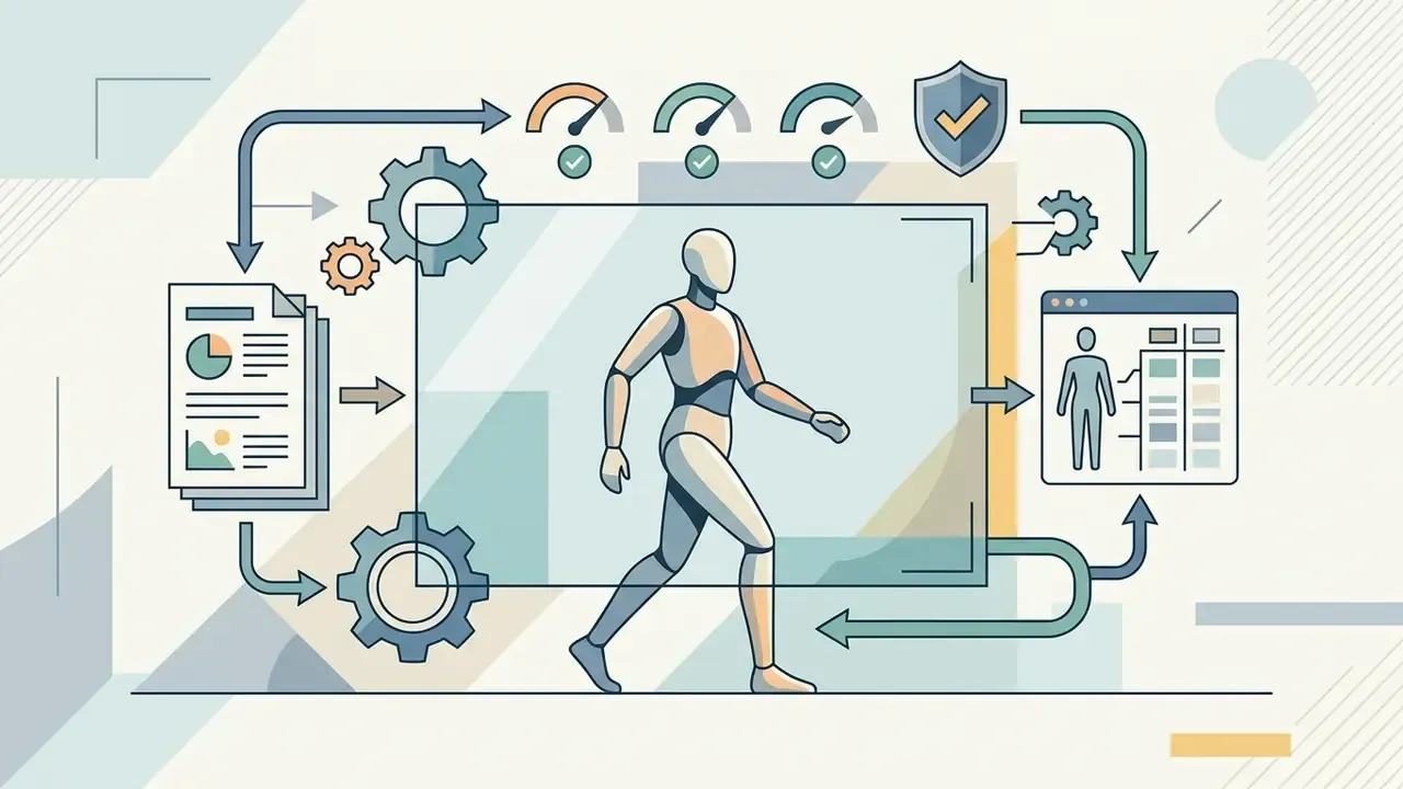 Mannequin figure walking inside a frame surrounded by gears, status gauges, and a control interface