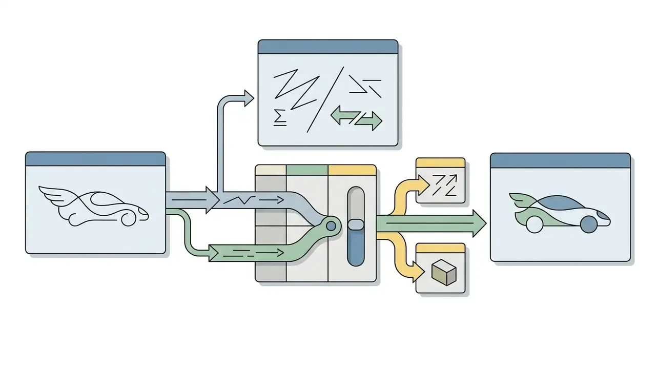 Two conflicting car sketches merging into a central control unit to generate a single refined vehicle image