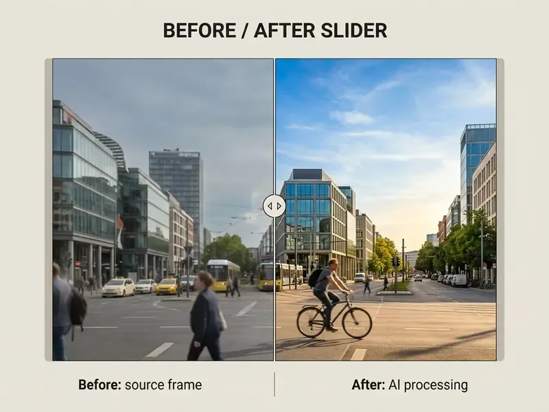 Split view showing a city street before and after removing pedestrians and adding a cyclist with AI