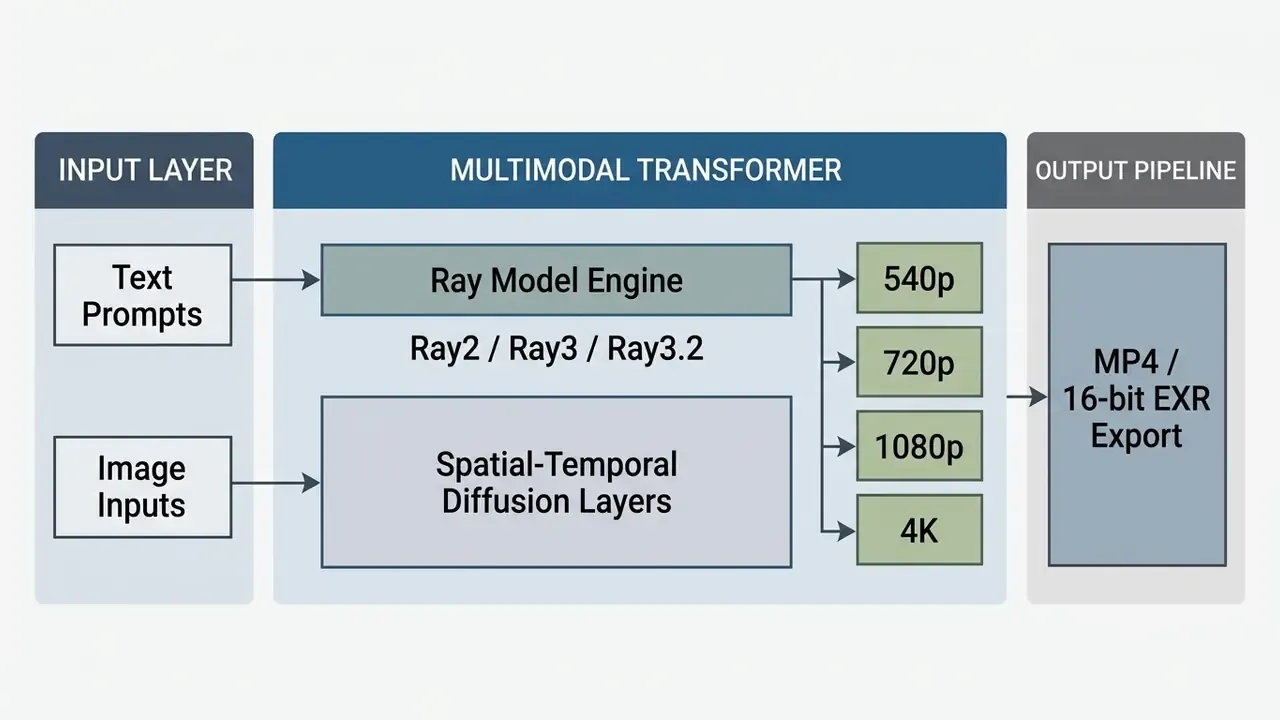 Diagram showing the architecture of Luma Dream Machine from input layer through transformer to output