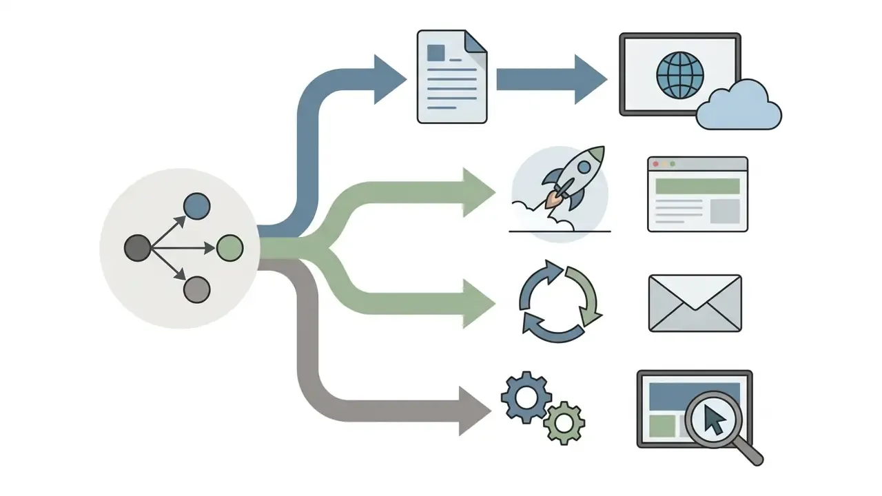 Flowchart showing multiple export paths for digital content to web, marketing, and interactive formats