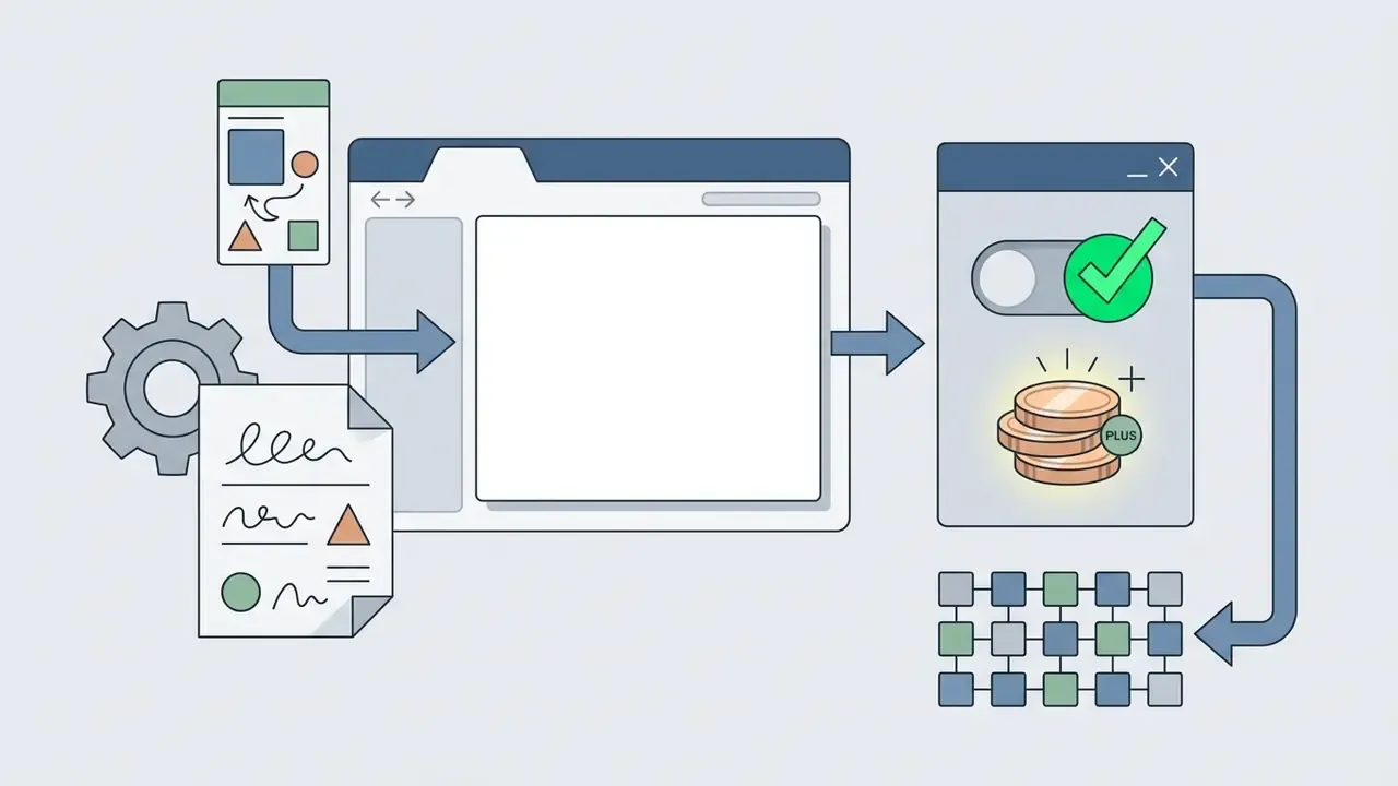 Document and gear icons feeding into a browser window that toggles a credit reward setting