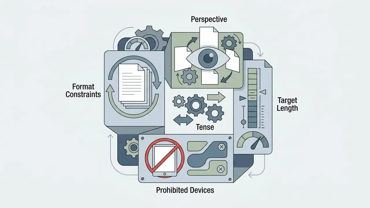 Interconnected panels with gears and gauges representing perspective, tense, target length, and prohibited devices