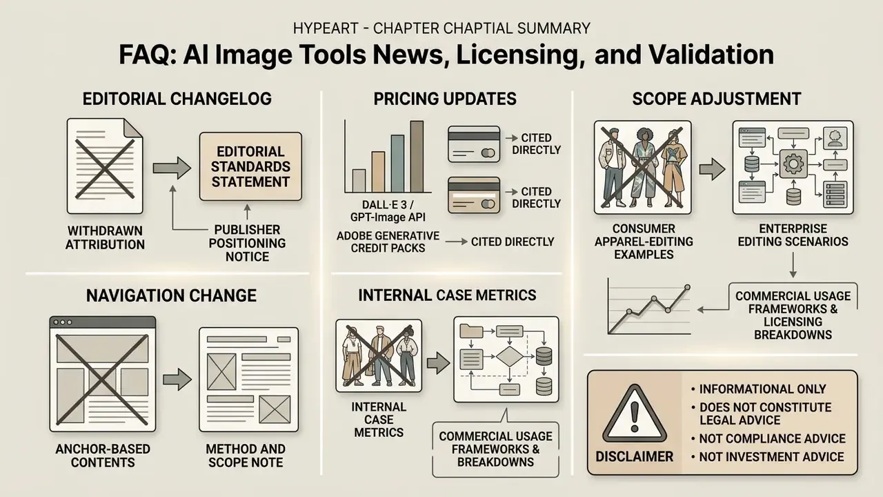 Infographic detailing editorial updates, pricing, and scope adjustments for AI image tools news