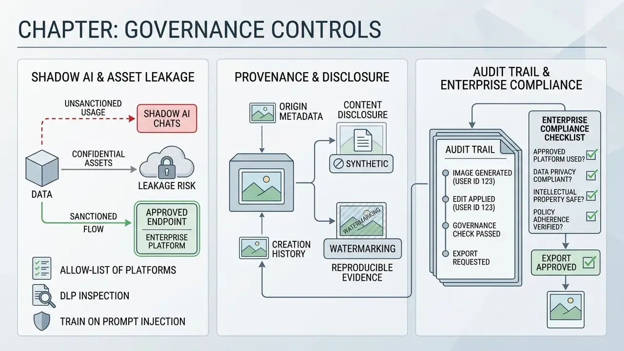 Three-part flowchart showing data flow, content provenance, and enterprise audit trail requirements