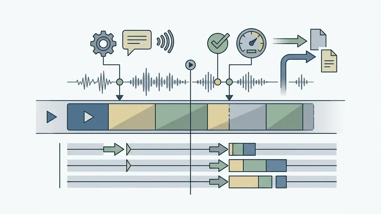 Audio waveforms aligned with video timeline segments to illustrate synchronized AI video generation