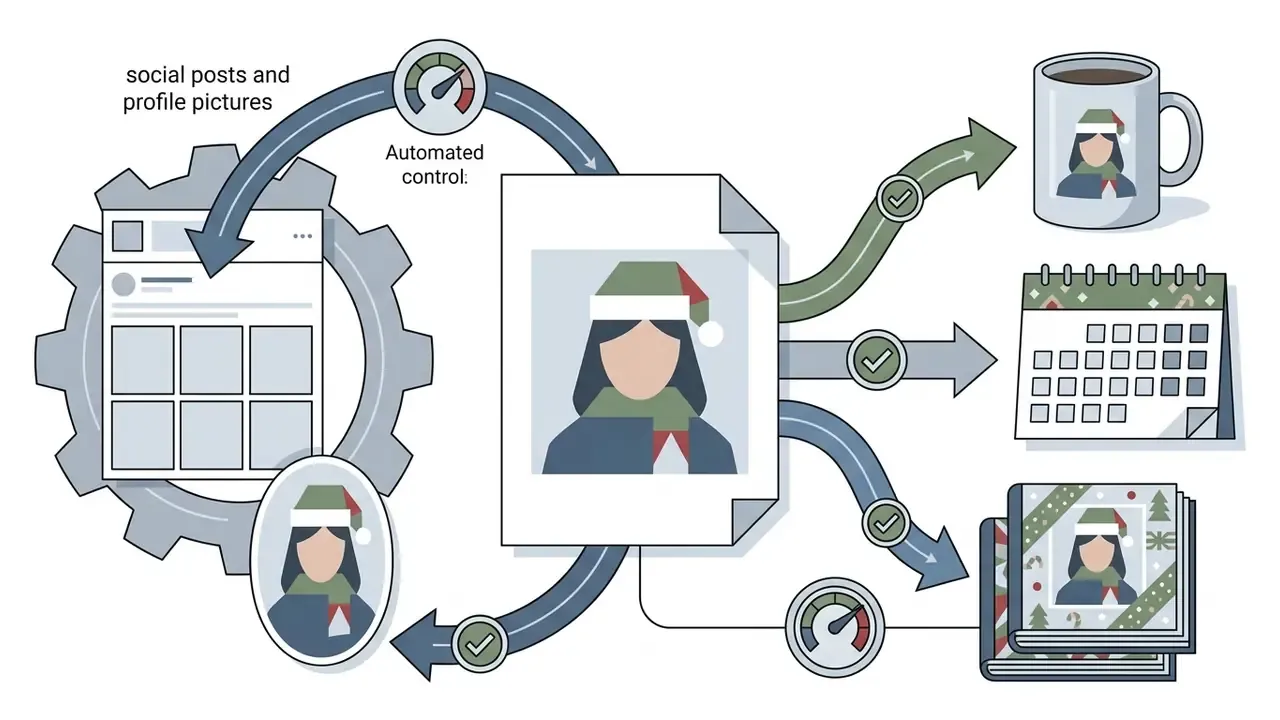 Workflow showing a digital portrait being adapted for social media profiles, mugs, calendars, and books