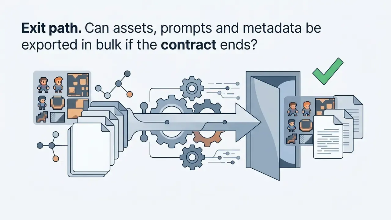 Pixel art assets and documents passing through a gear mechanism into an open door with a checkmark