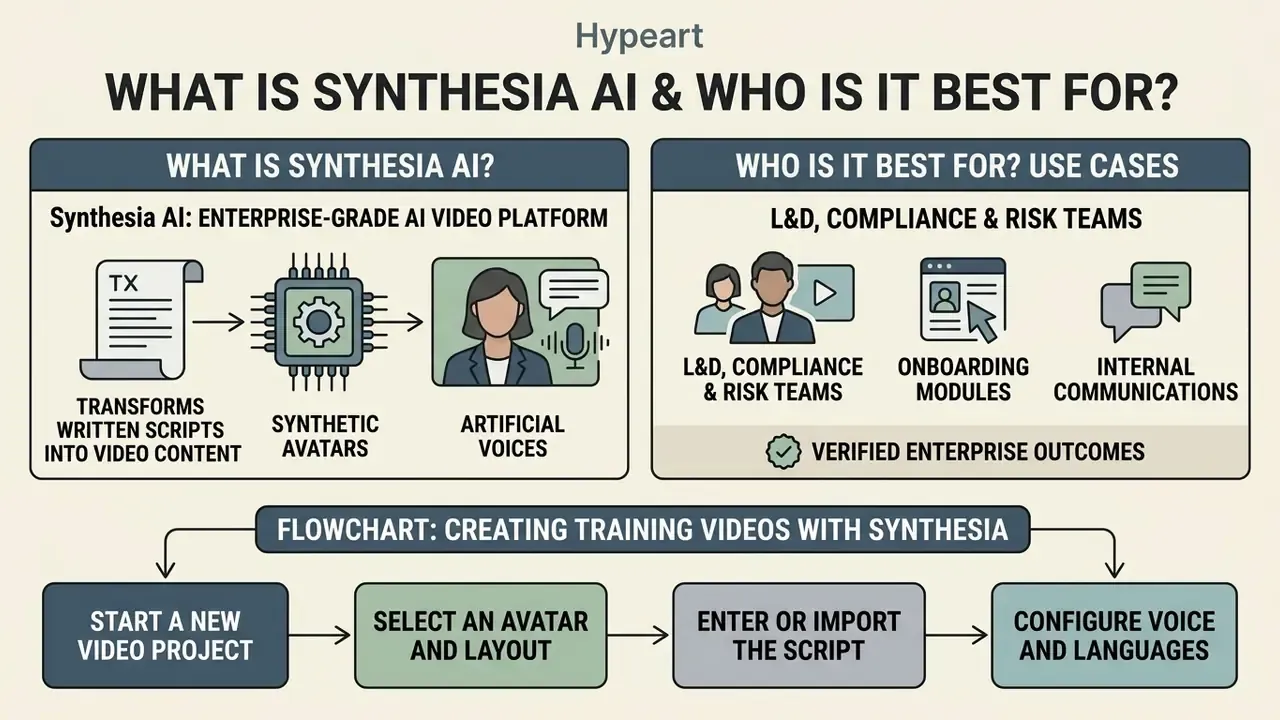 Infographic explaining Synthesia AI features, use cases, and the video creation process flow