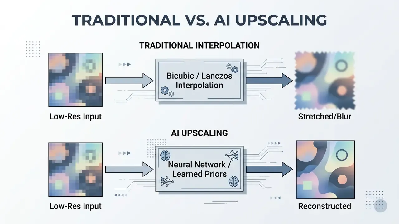 Diagram comparing traditional interpolation resulting in blur to AI upscaling that reconstructs images