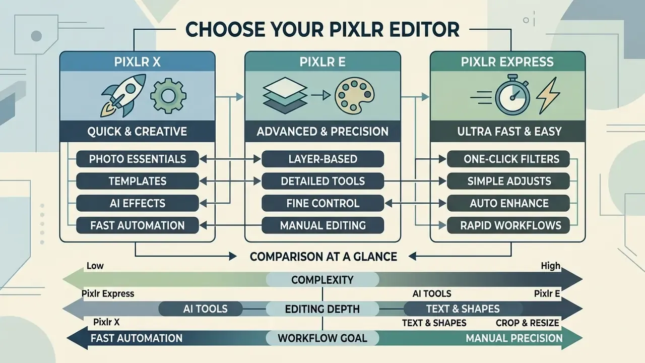 Comparison chart detailing the features and workflow goals for Pixlr X, Pixlr E, and Pixlr Express editors
