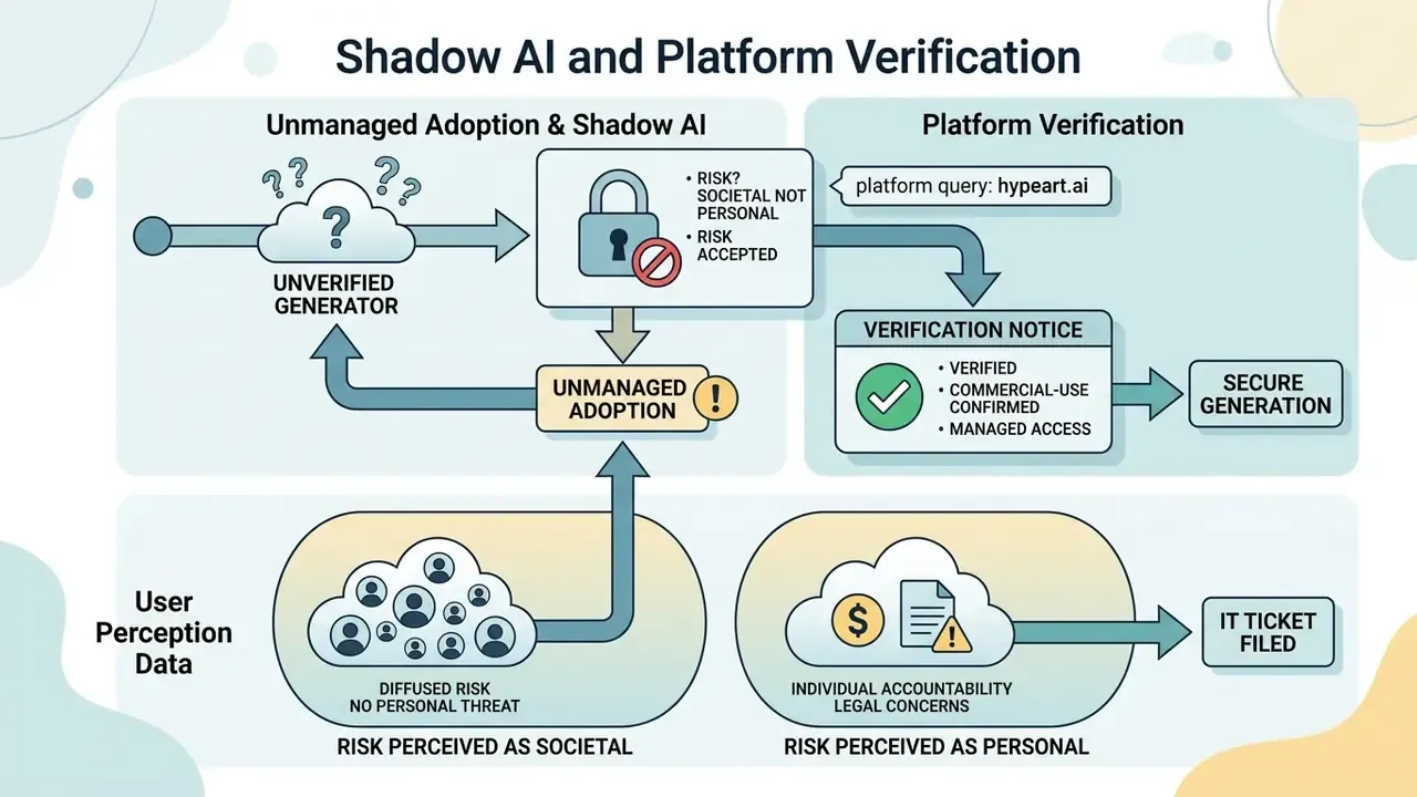 Diagram comparing unmanaged AI adoption risks against platform verification and IT ticket filing processes