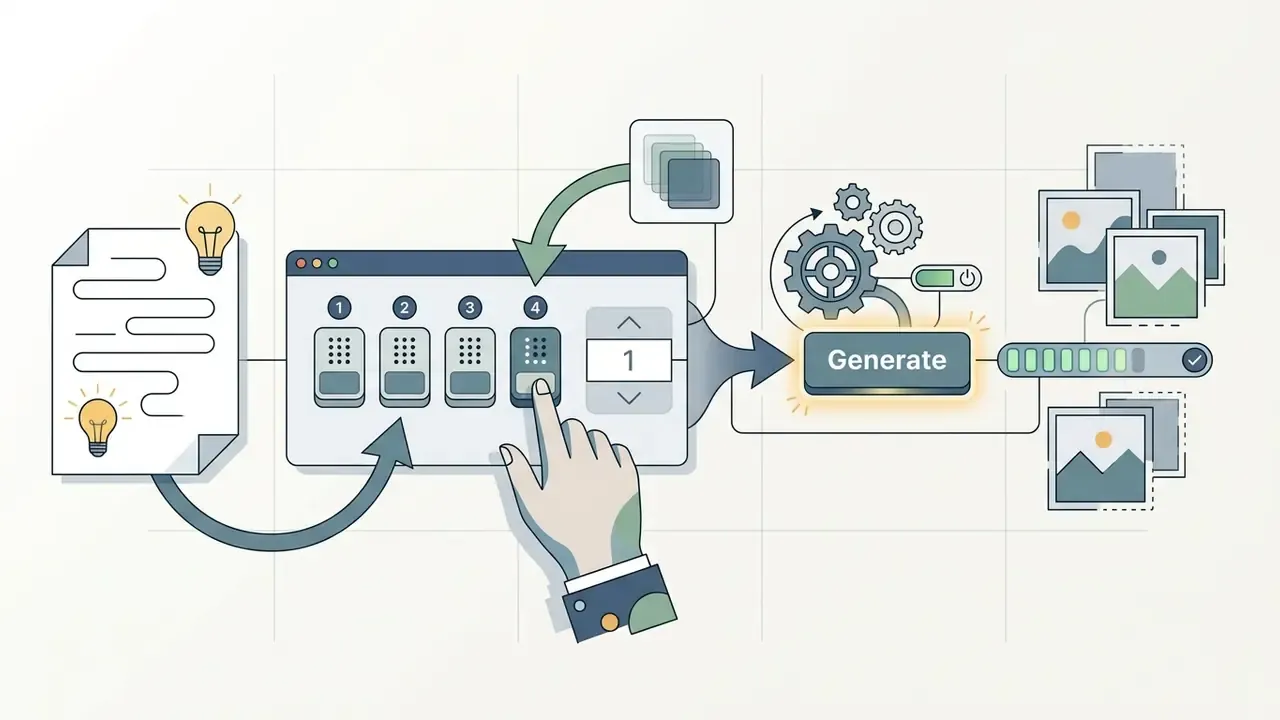 Hand selecting batch size on a digital interface before clicking generate to produce multiple image results