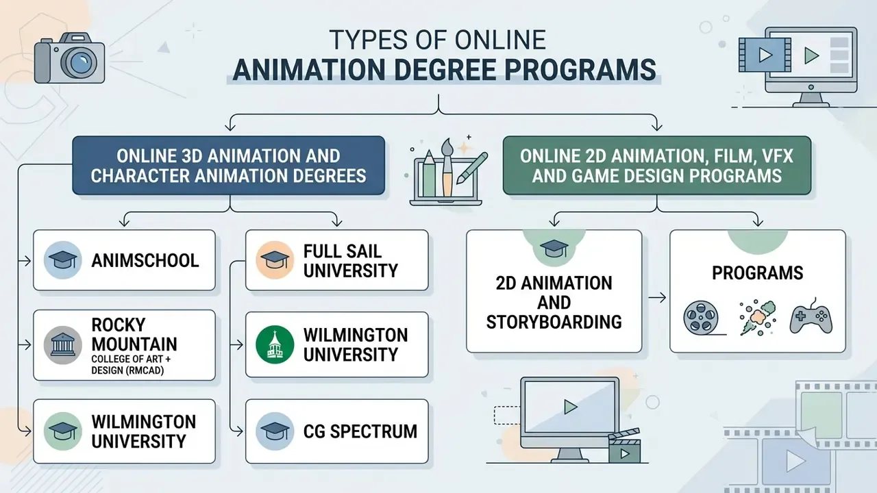 Diagram categorizing online animation degree programs into 3D and 2D tracks with various university examples