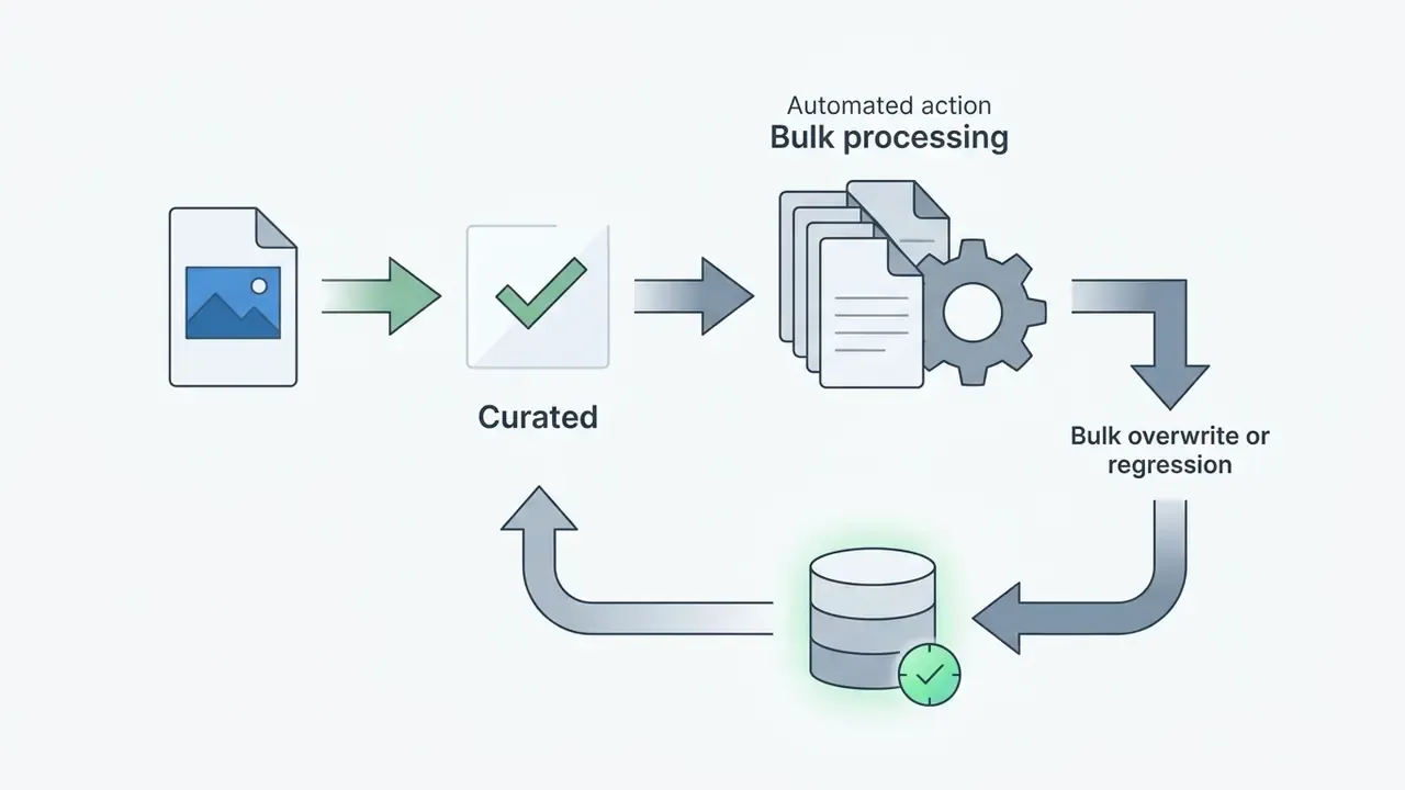 Process flow showing curated content being overwritten by bulk actions and restored from a database