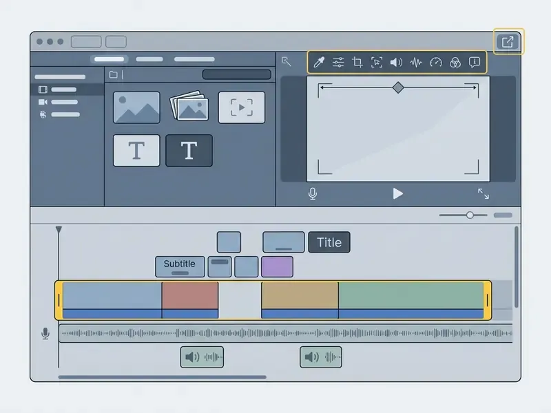 Annotated iMovie interface showing media browser, viewer, and adjustment tools to edit videos on Mac
