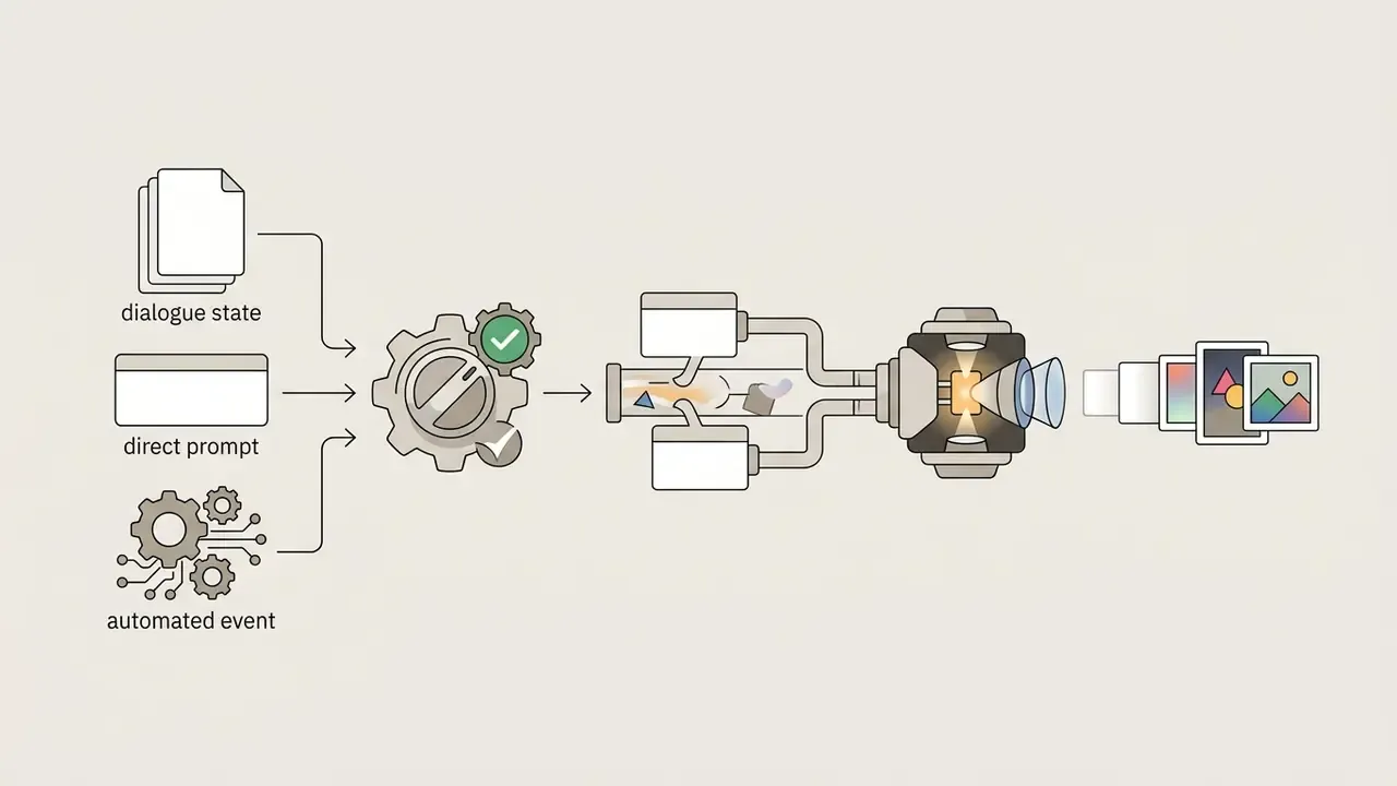 Inputs feeding into a processing gear that triggers a pipeline to generate visual output from data