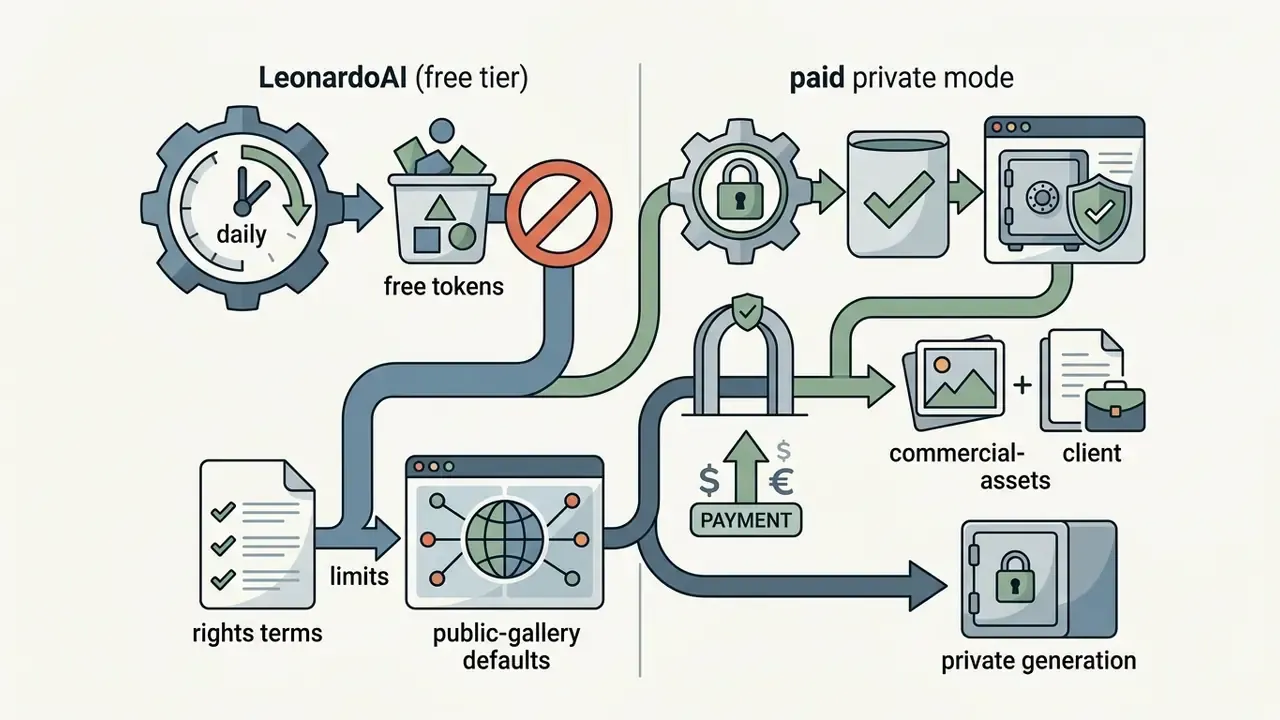 Process map showing LeonardoAI free tier token limits versus paid private mode for commercial assets