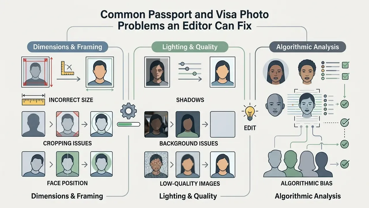 Diagram showing how a passport photo editor corrects framing, lighting, and algorithmic issues