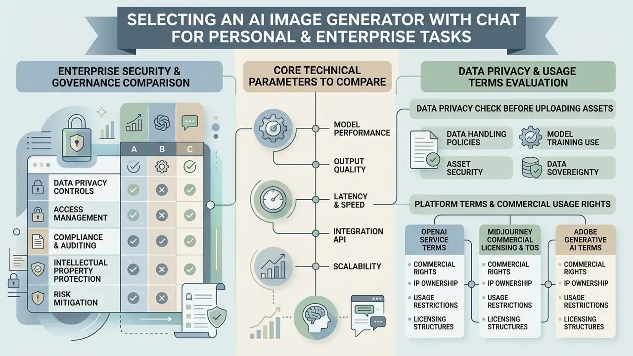 Comparison chart detailing security, technical parameters, and usage terms for evaluating generative tools