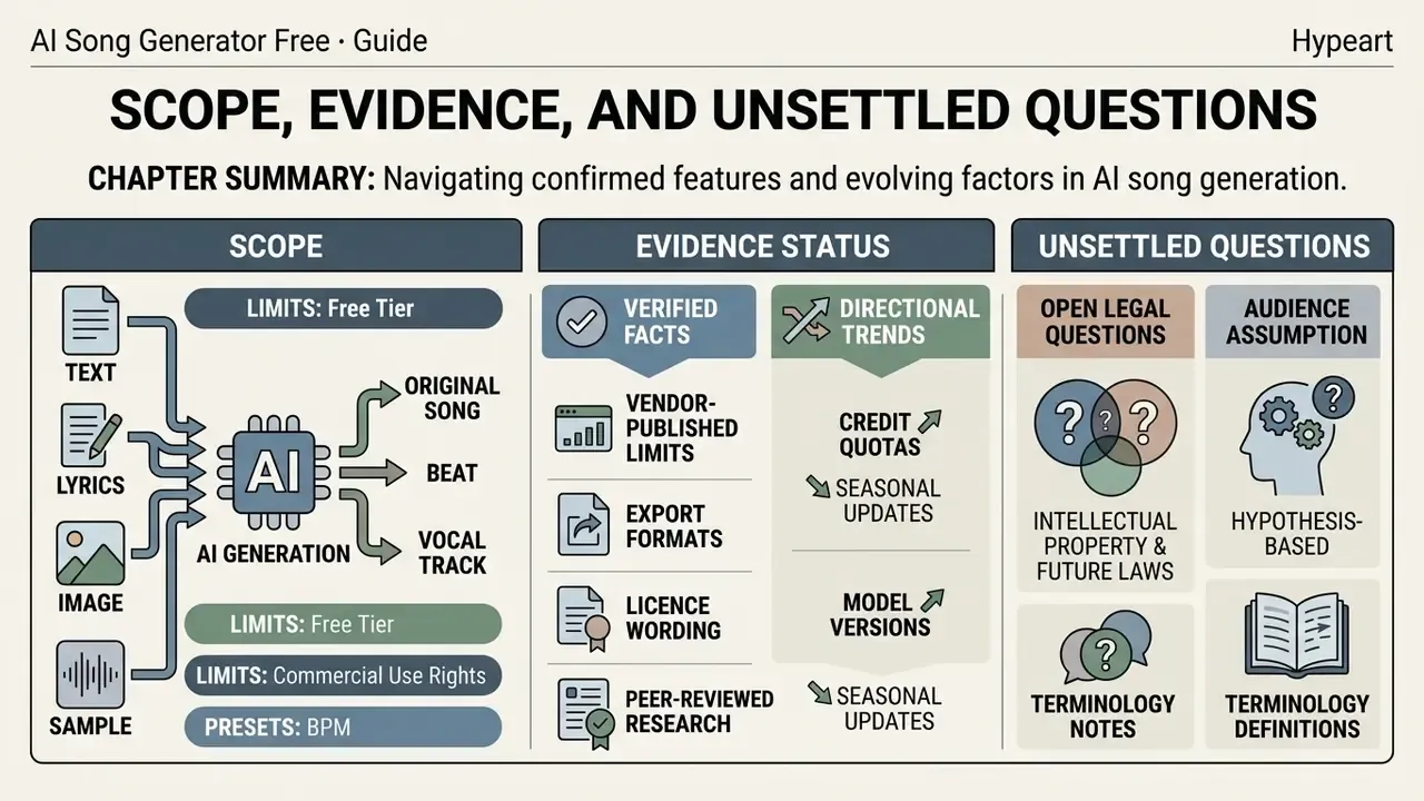 Flowchart categorizing the scope, evidence status, and open questions regarding an AI song generator