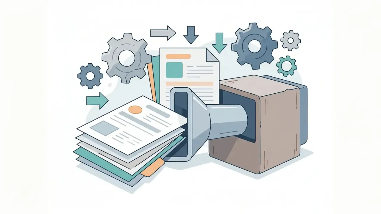 Stack of documents feeding into a mechanical processor surrounded by rotating gears