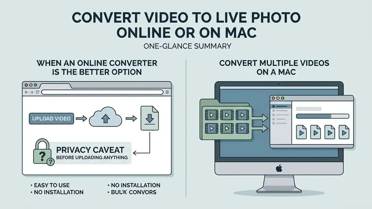 Infographic comparing online video conversion workflows with batch processing on a Mac desktop computer