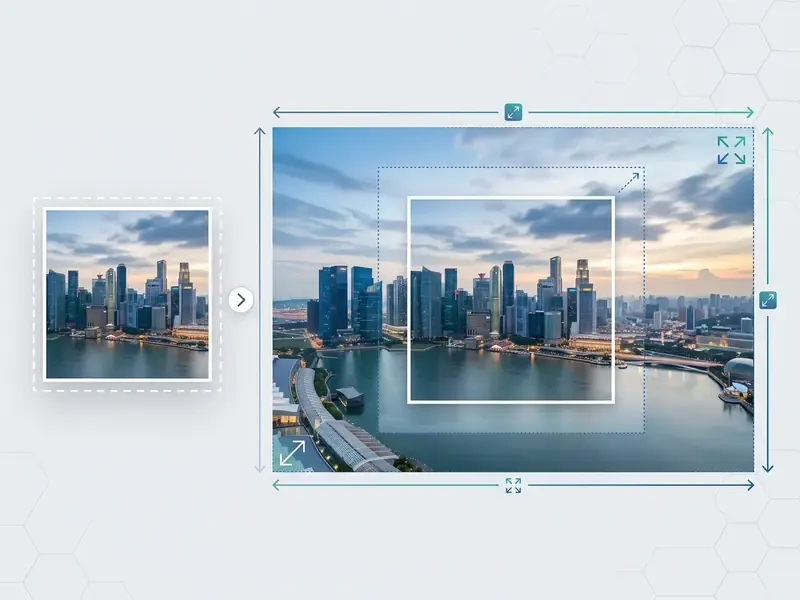 Square city skyline photo expanding into a wider landscape view with interactive resize handles