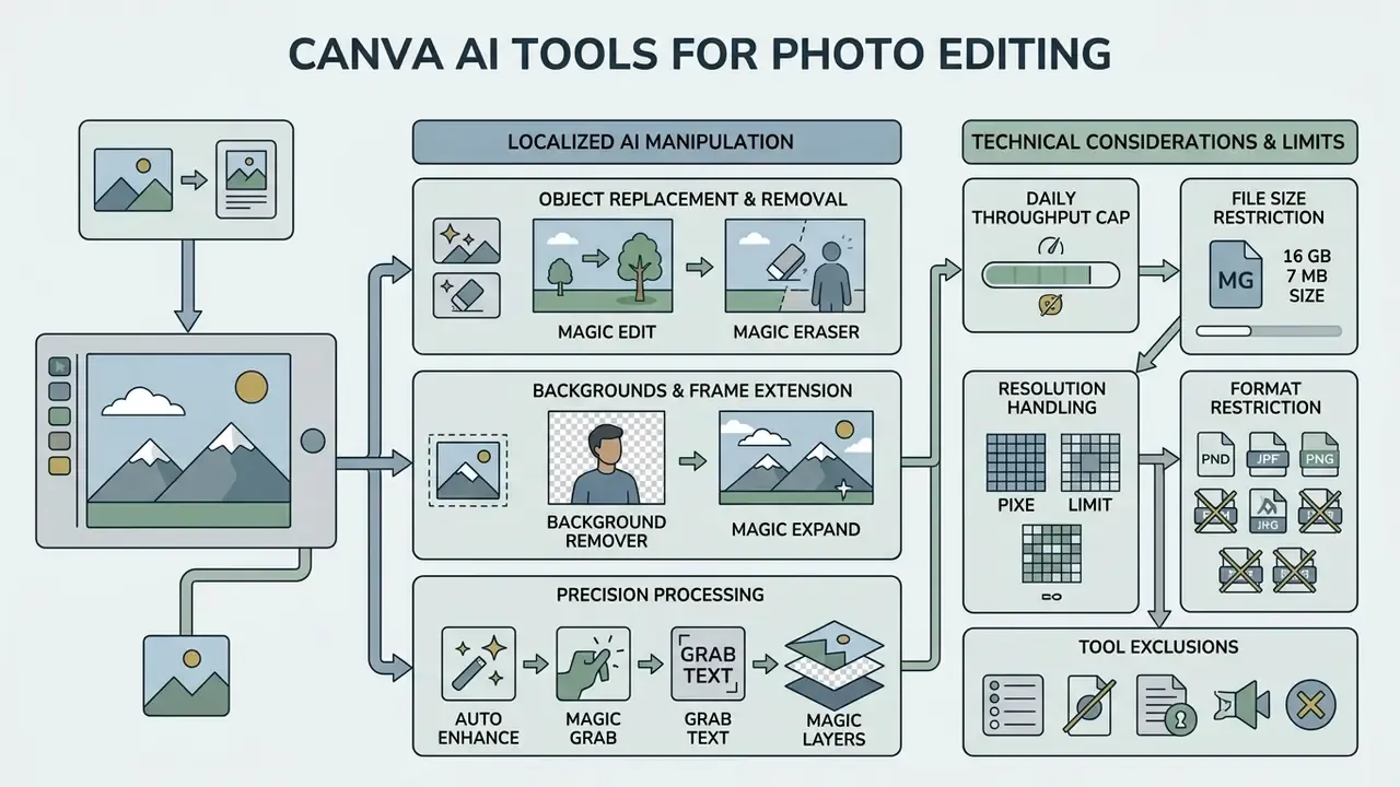 Infographic detailing Canva AI photo editor features for object manipulation, background extension, and limits