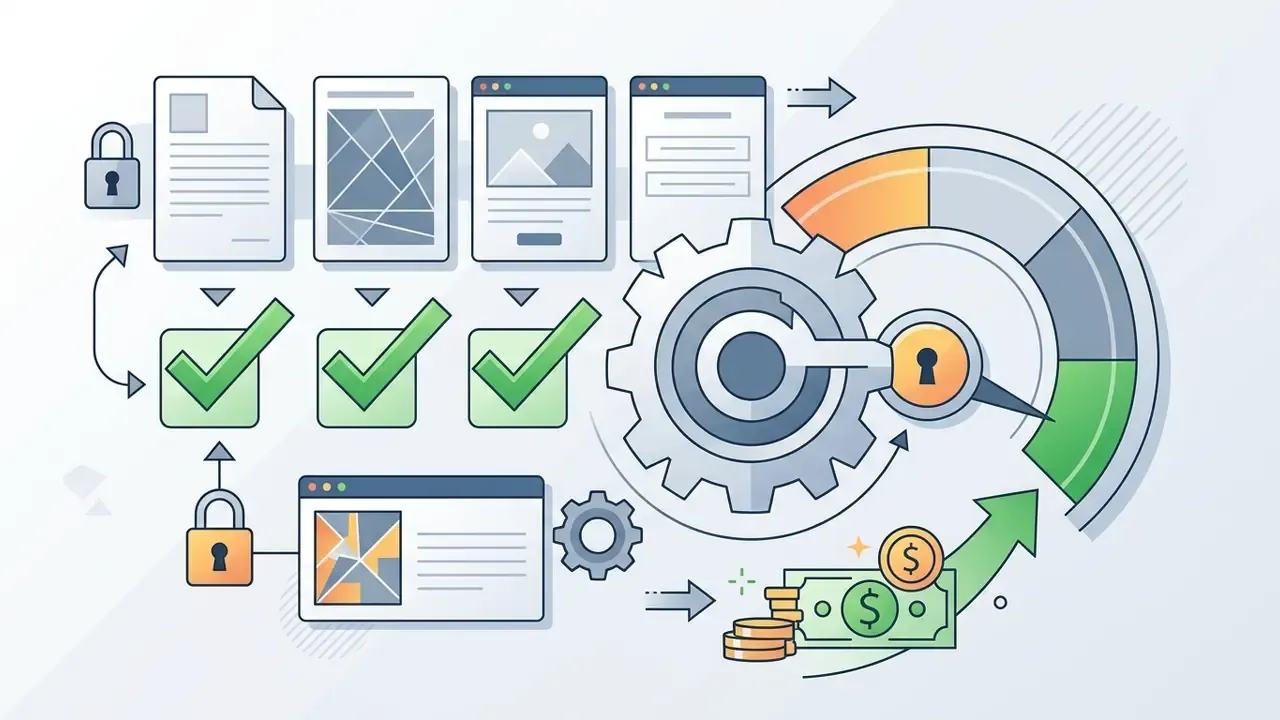 Checklist of document and license verification steps leading to a locked gear and financial growth indicator