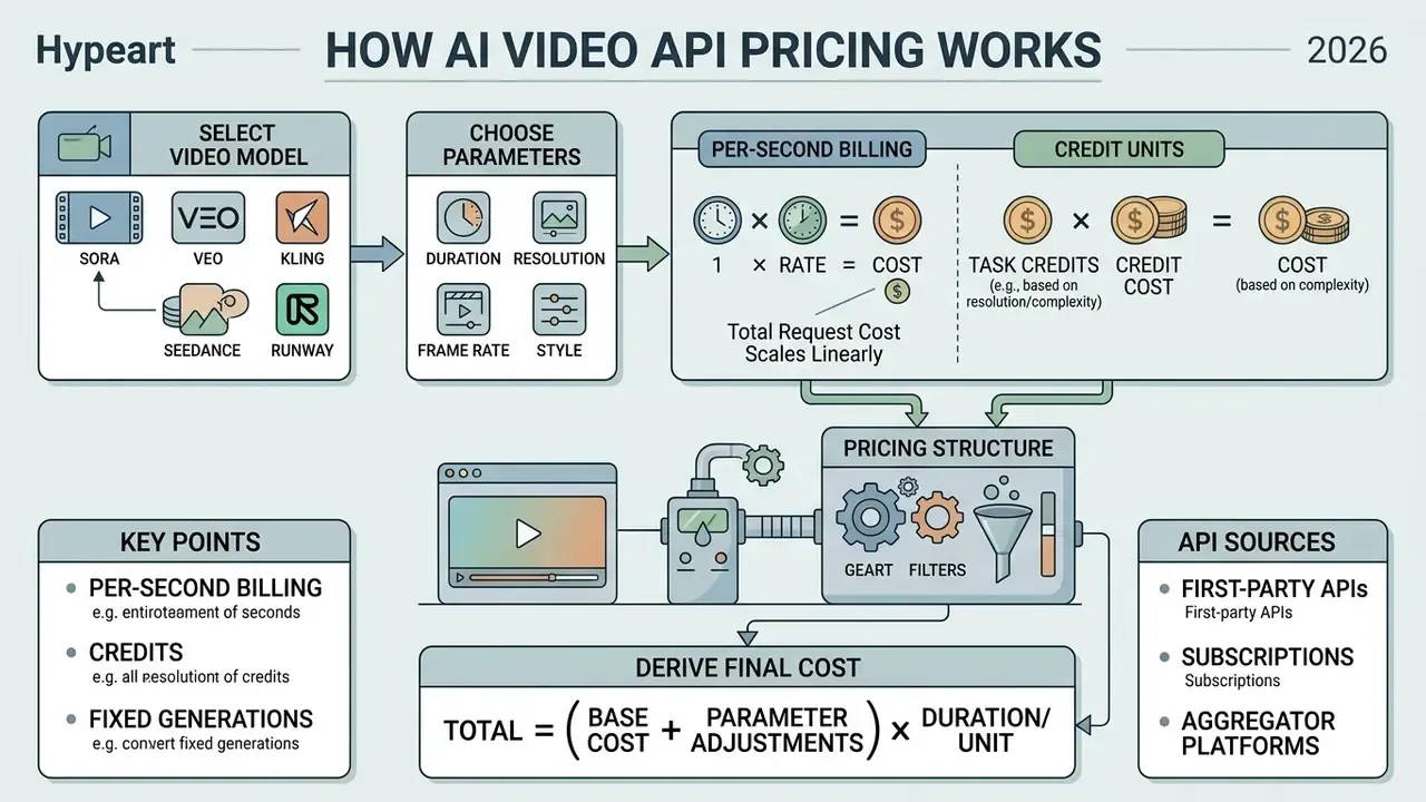 Flowchart showing how selecting video models and parameters leads to per-second or credit-based pricing models