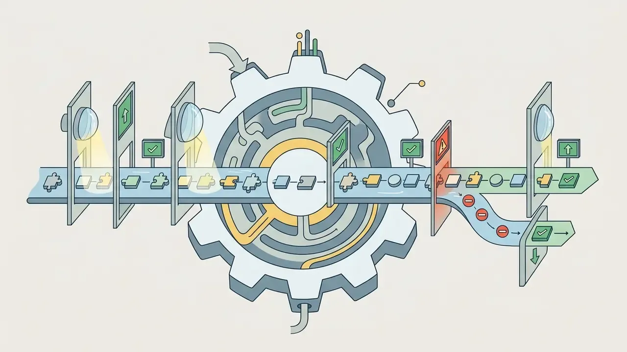 Conveyor belt moving puzzle pieces through a central gear mechanism with scanners and a red warning gate