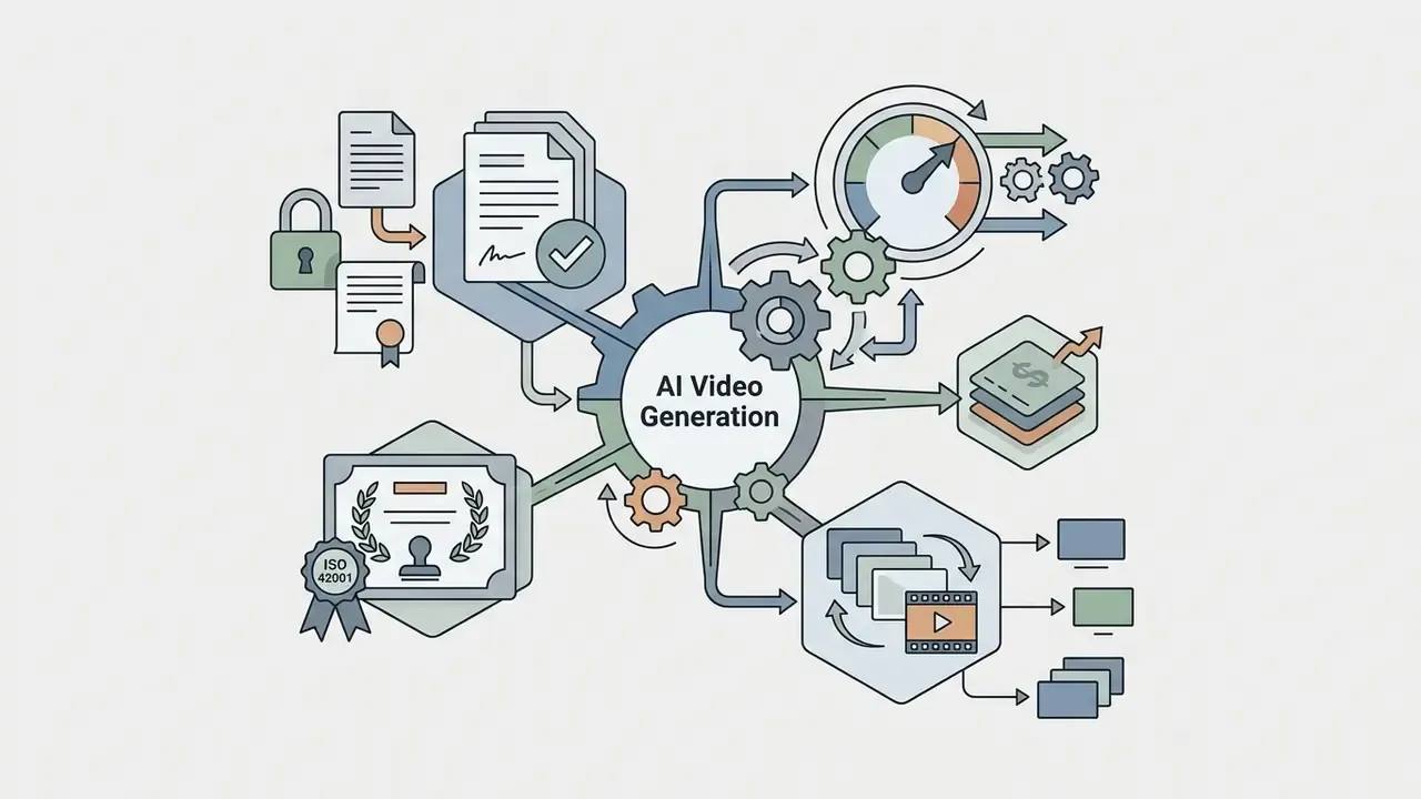 Gear mechanism surrounded by icons for documents, compliance certificates, financial growth, and media output