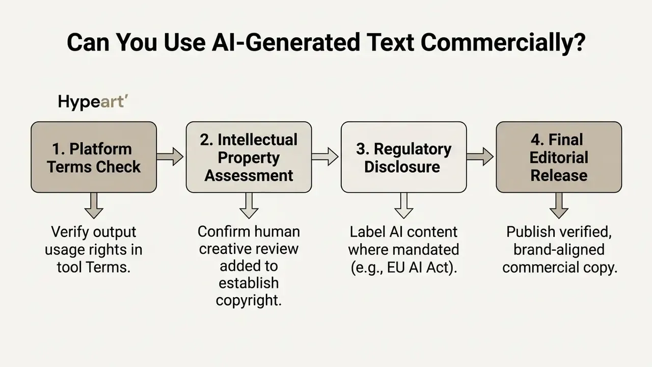 Four-step process diagram for ensuring commercial compliance when using an AI writing generator