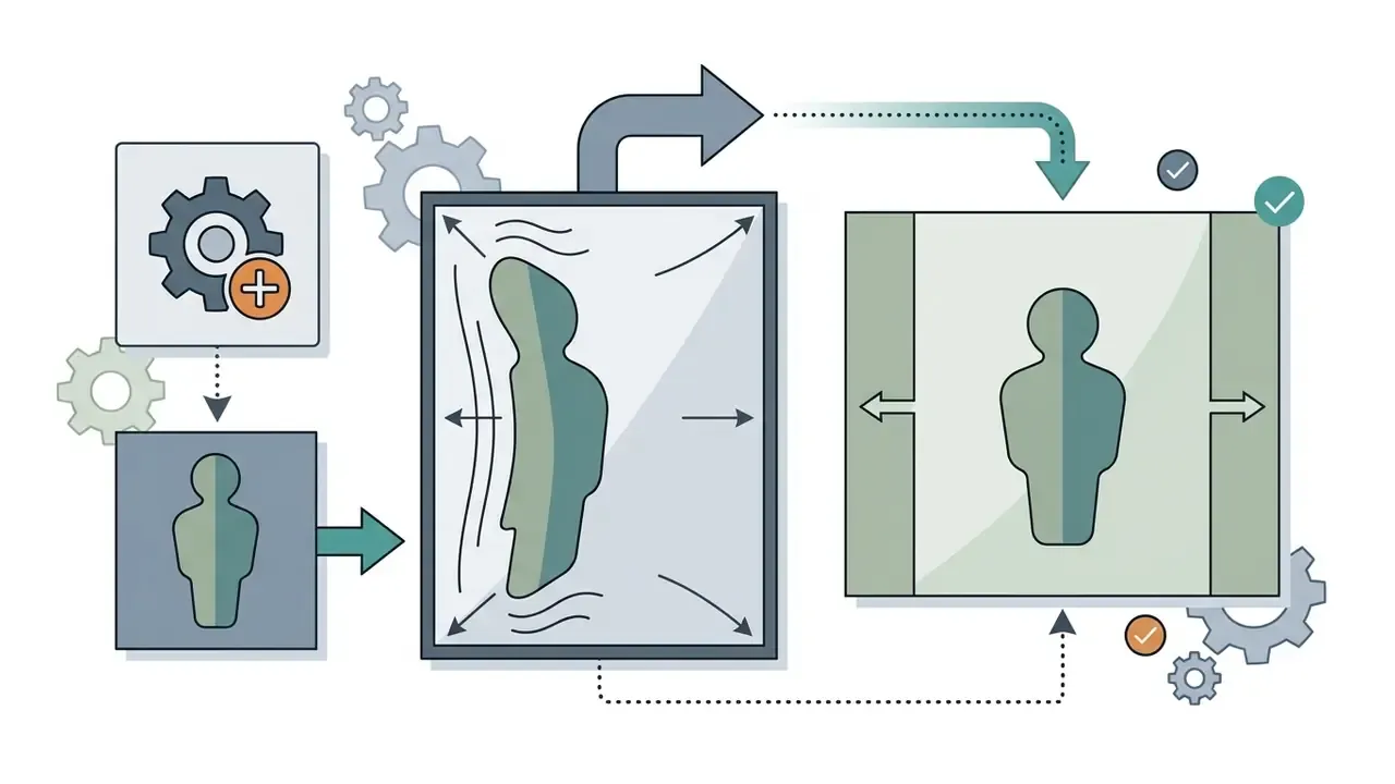 Process flow showing a distorted figure in a frame being expanded to center the subject correctly