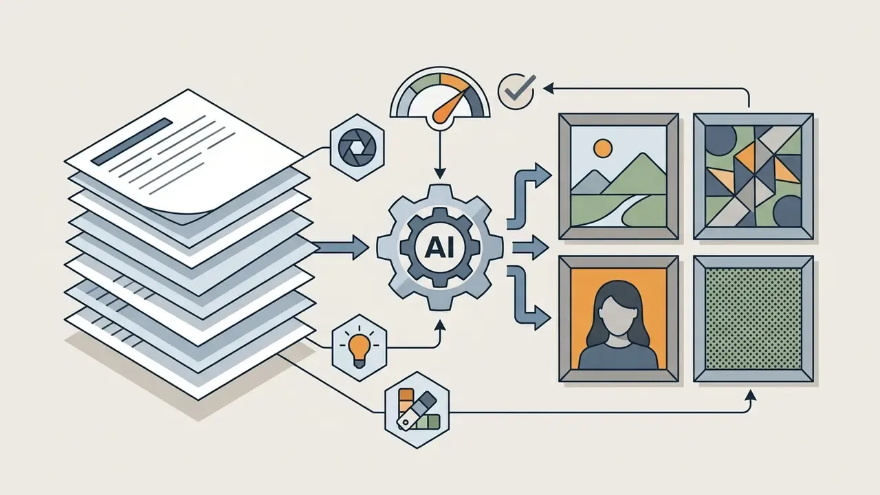 Stack of documents feeding into an AI gear icon that generates four distinct framed artistic images