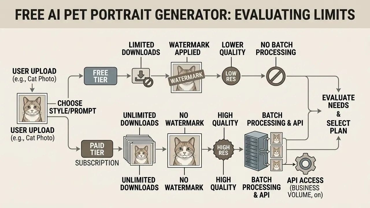 Flowchart comparing features of free and paid AI pet portrait generator tiers including watermarks and API access