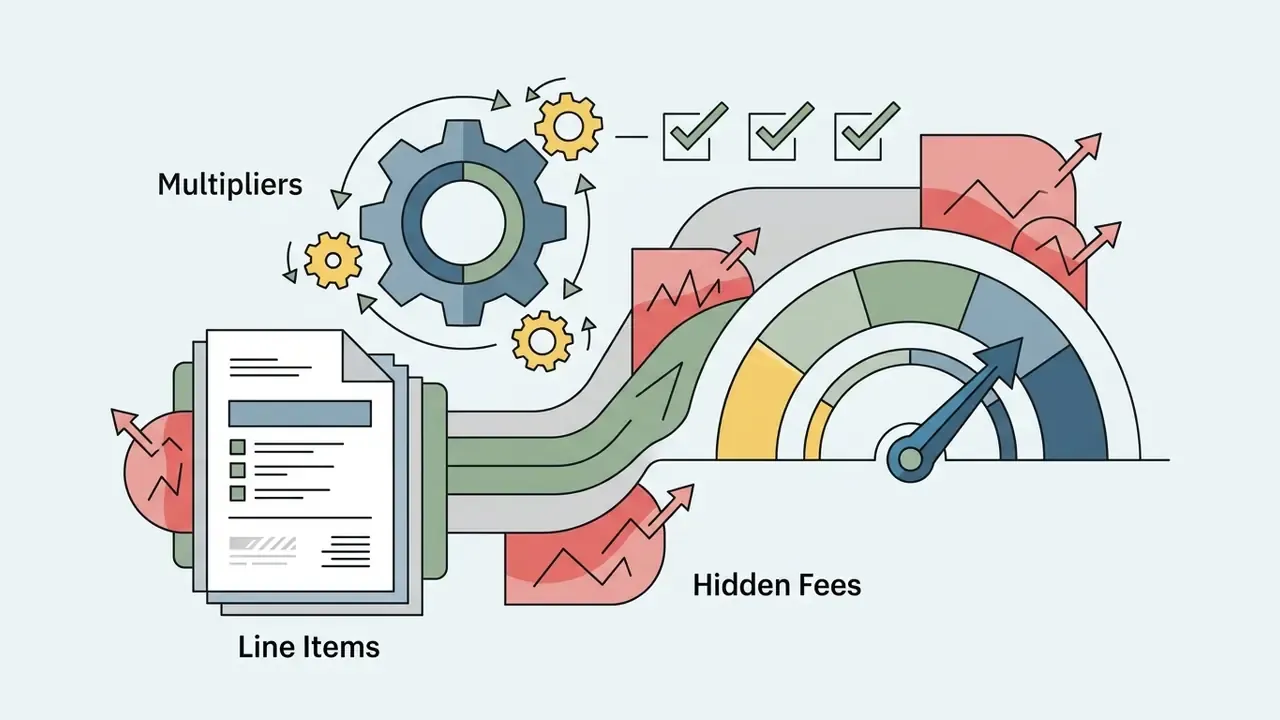 Document with line items flowing through gears into a gauge representing cost multipliers and hidden fees