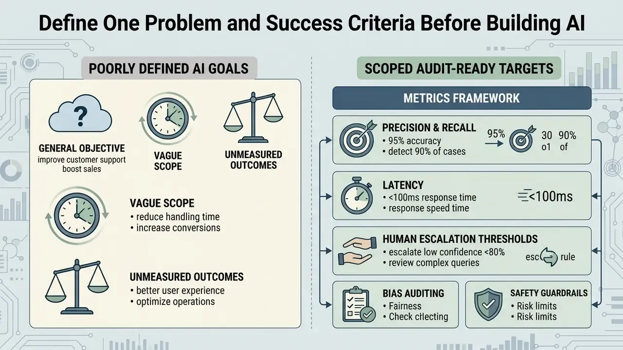 Comparison table contrasting vague AI goals with specific audit-ready performance metrics