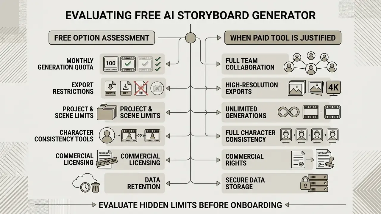 Comparison chart contrasting free plan limitations with paid tool benefits for visual production software