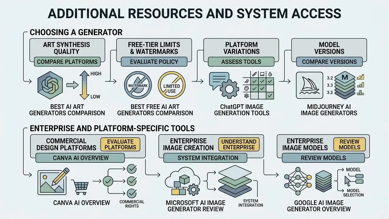 Flowchart comparing AI art platform features, commercial design tools, and enterprise model integration