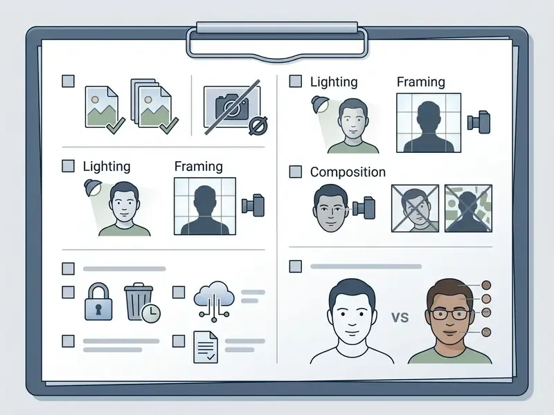 Clipboard with a checklist of icons representing photo requirements, privacy settings, and image fidelity