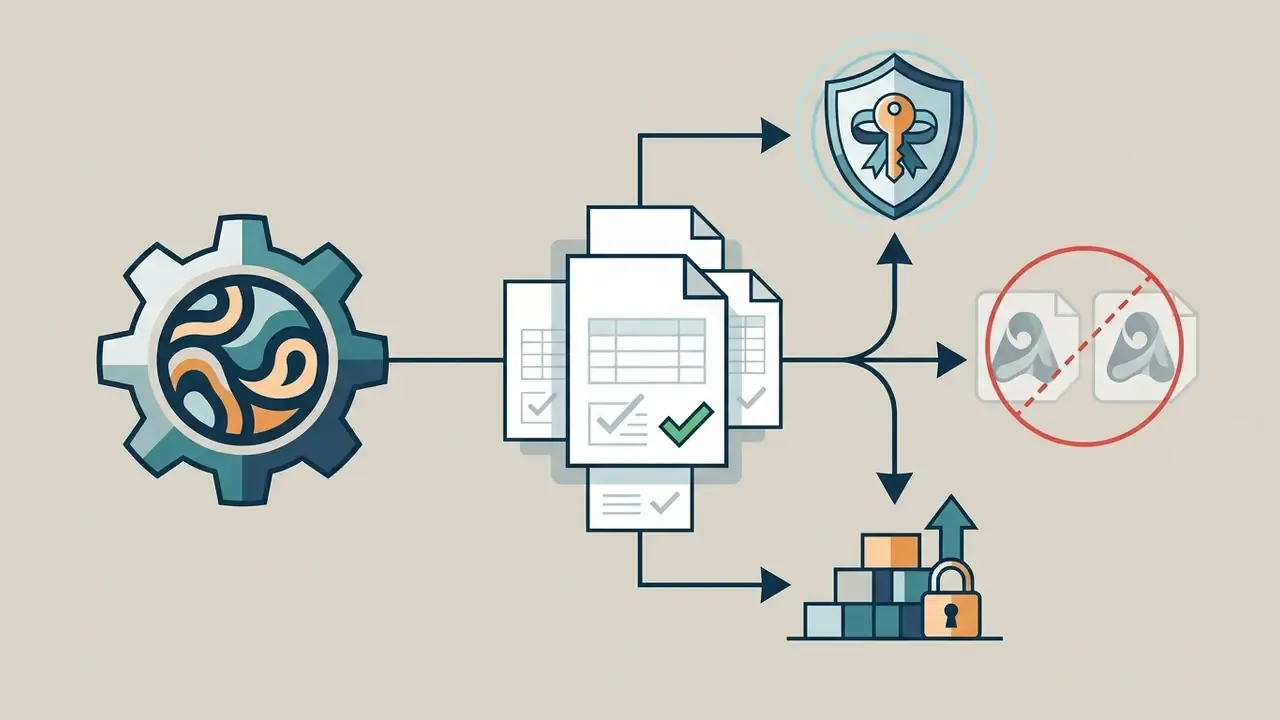 Gear icon feeding document files into options for exclusivity, uniqueness, and commercial asset protection