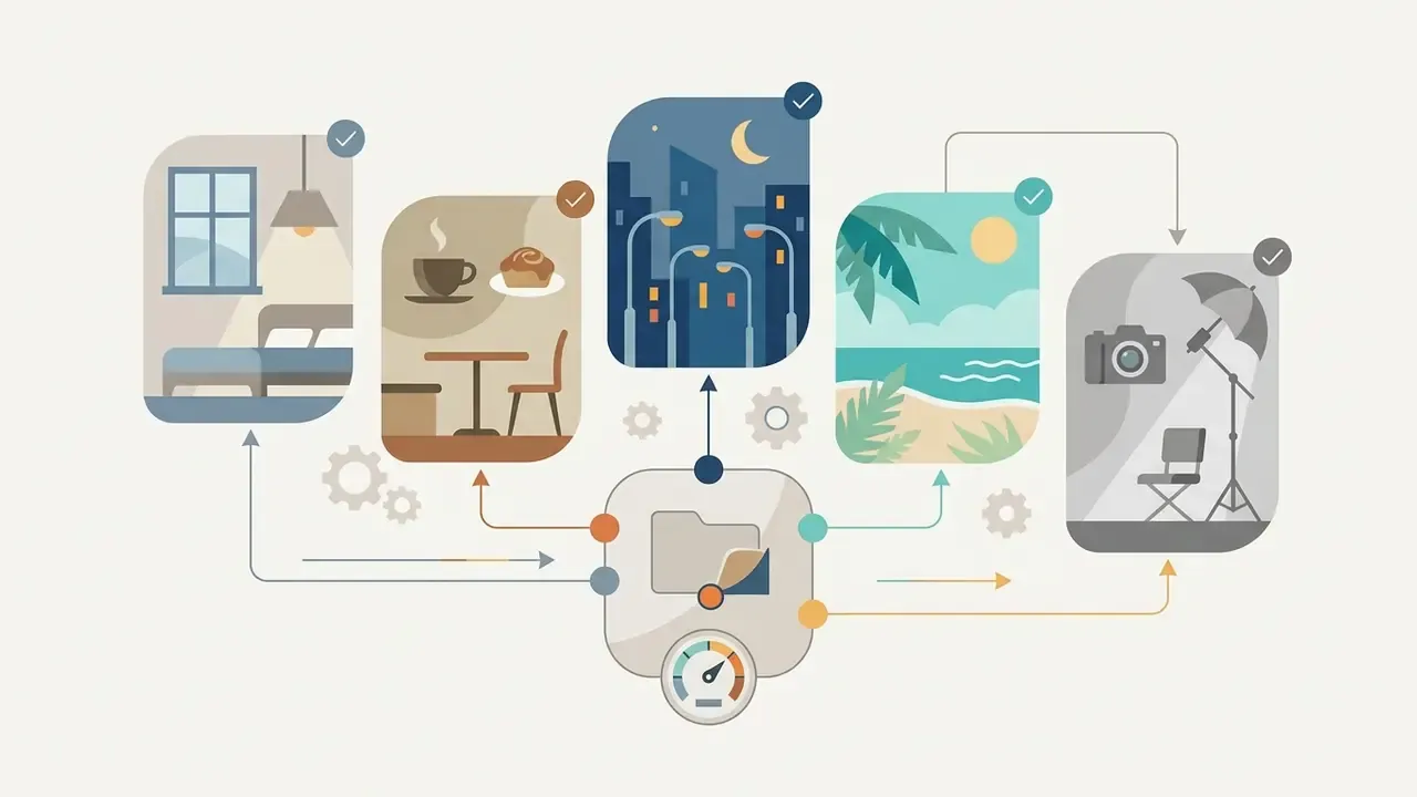 Central folder icon processing various environment presets into distinct visual scene templates